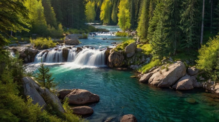Waterfall in the forest. Beautiful landscape of a mountain river.の写真素材