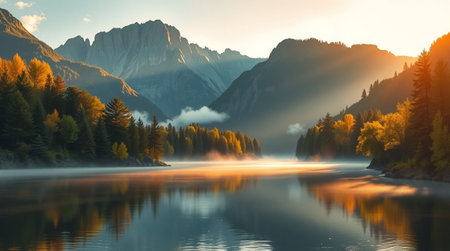 Mountain lake in the morning mist. Landscape with mountains and lake.の写真素材