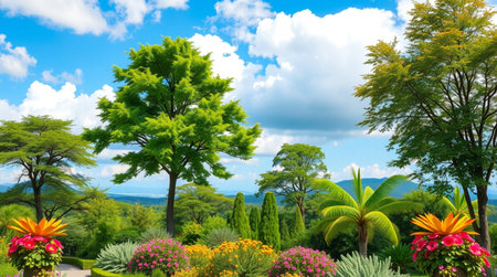 Landscape view of tropical garden with trees, flowers and plants.の写真素材