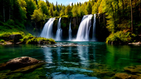 Beautiful waterfall in the forest. Mountain landscape with a waterfall.