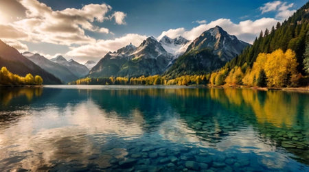 panoramic view of beautiful alpine lake with reflection of mountains and clouds