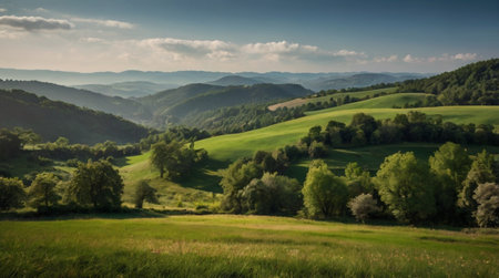 Summer landscape with green meadow and blue sky, Carpathian Mountains, Ukraineの写真素材