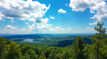 View of the lake from the top of the mountain. Summer landscape