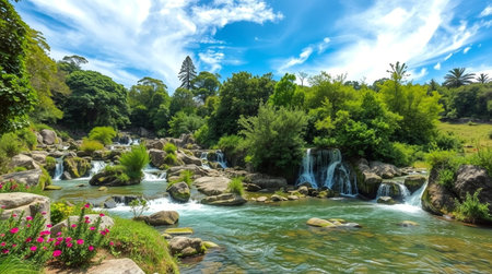Panorama of a small waterfall surrounded by lush greenery under a blue cloudy skyの写真素材