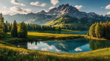 panoramic view of alpine lake