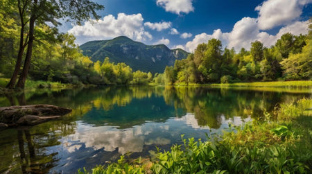 Beautiful landscape with a lake and mountains in the background, Montenegroの写真素材