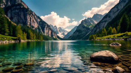Beautiful alpine lake with crystal clear water and mountains in background