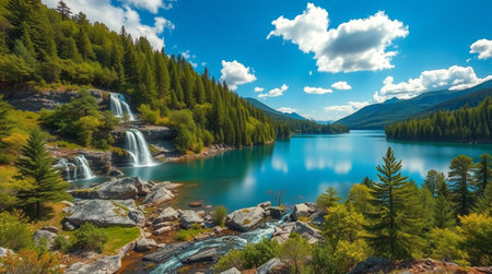 Panoramic view of beautiful mountain lakeの写真素材