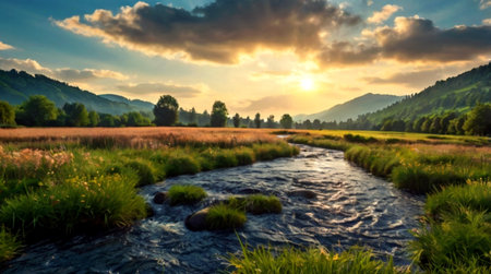 Beautiful summer landscape with mountain river and meadow at sunset.の写真素材