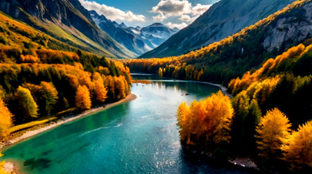 Aerial panoramic view of autumn alpine landscape with mountain lake, forest and high mountains. Beautiful nature scene of Swiss Alps.の写真素材