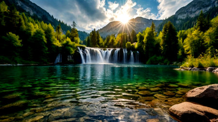 Beautiful waterfall in the mountains at sunset. The concept of active and photo tourismの写真素材