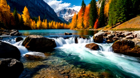 Mountain river in the autumn. Beautiful mountain landscape with a waterfall.