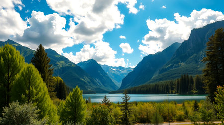 panoramic view of turquoise lake in alpine mountains