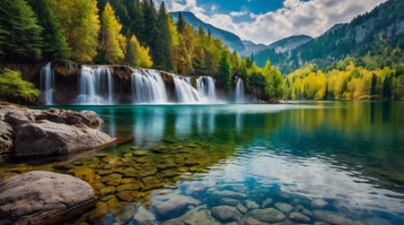 Waterfall in the mountains. Beautiful landscape with a waterfall in the mountains.の写真素材