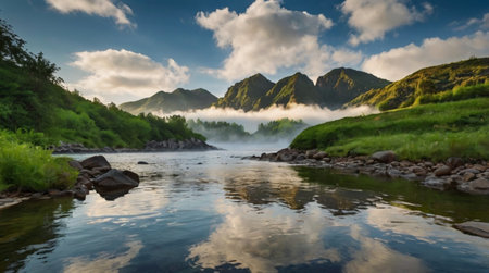 Mountain landscape with river and clouds at sunset. Long exposure.の写真素材