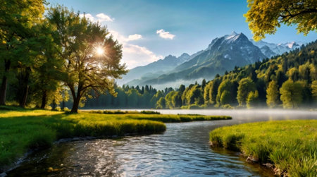 Panoramic view of lake in the mountains. Beautiful nature landscape.