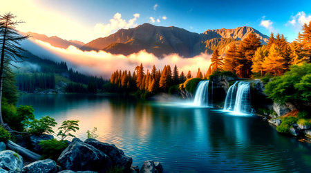 Waterfall in the mountains at sunset. Beautiful natural landscape. Artistic style.
