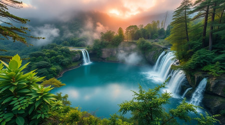 Panoramic view of the waterfall in the forest at sunset.