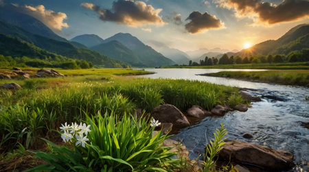 Mountain landscape with a river and flowers in the foreground at sunsetの写真素材
