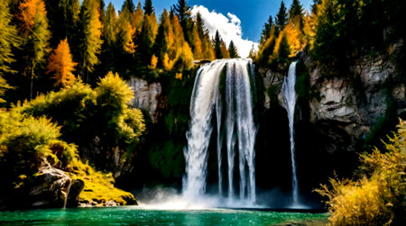 Waterfall in the autumn forest. Beautiful landscape of a waterfall in the mountains.