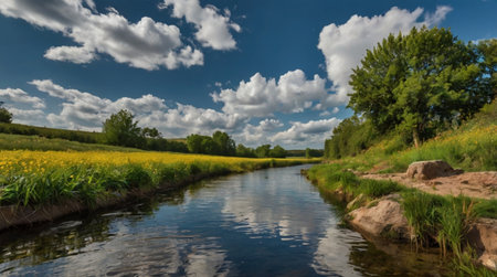 Panoramic view of a small river in the middle of summer