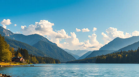 Panoramic view of alpine lake in summer, Austria.
