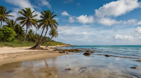 Panoramic view of a tropical beach with coconut trees and blue sky
