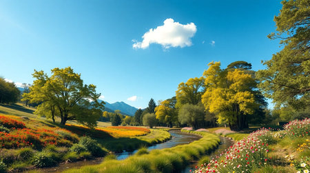 Colorful spring landscape with blooming flowers and river in sunny dayの写真素材