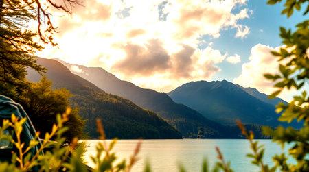 Mountain lake in the Alps at sunset. Beautiful nature landscape.