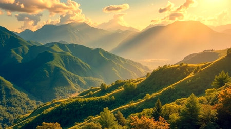 Sunset in the mountains. Beautiful landscape in the Caucasus mountains.の写真素材
