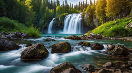 Beautiful waterfall in the forest. Mountain landscape with a waterfall.の写真素材