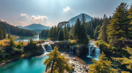 Beautiful waterfall with blue sky and white clouds in the forest.の写真素材