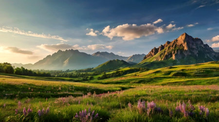 Sunset in the mountains. Landscape with green grass and flowersの写真素材