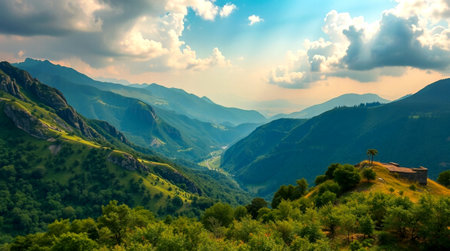 Mountain lake at sunset. Panoramic view of the lake.