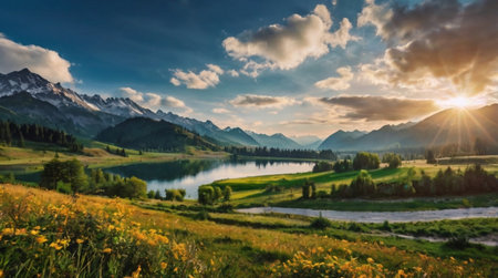 Beautiful summer landscape with lake and mountains in the background at sunsetの写真素材