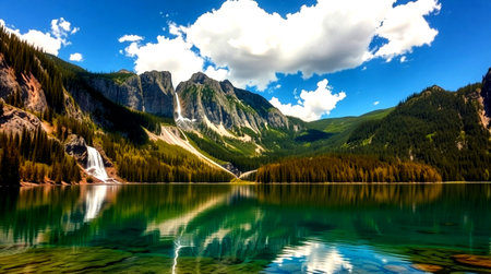Lake Louise in Banff National Park, Alberta, Canada. The lake reflects the surrounding mountains.の写真素材