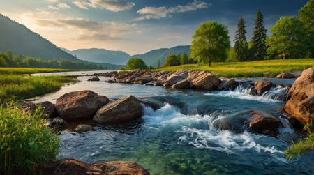 Mountain river at sunset. Beautiful summer landscape with a mountain river