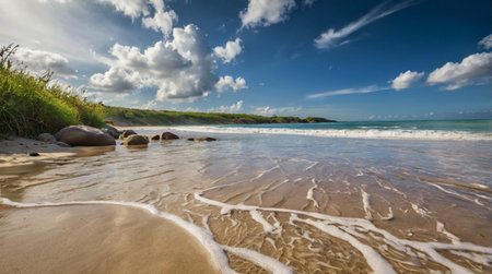 A serene beach scene with gentle waves rolling onto the sandy shore, backed by lush greenery and a clear blue sky.の写真素材