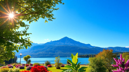 Sunny view of Lake Wakatipu, Queenstown, New Zealandの写真素材