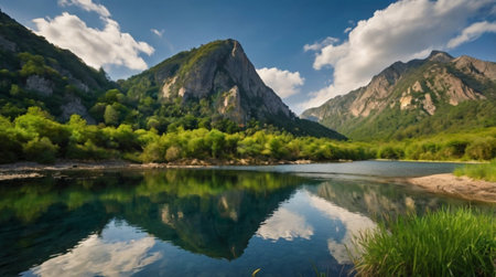 Panoramic view of the mountain lake with reflection in the waterの写真素材