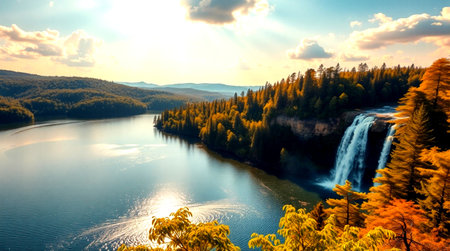 Beautiful autumn landscape with waterfall on the river and forest at sunsetの写真素材