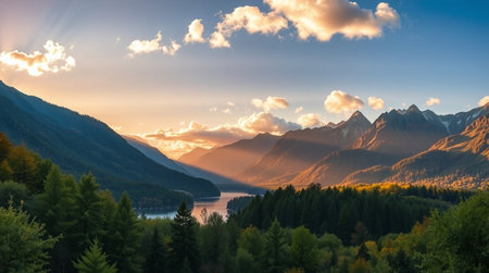 Panoramic view of the lake, mountains and forest at sunsetの写真素材
