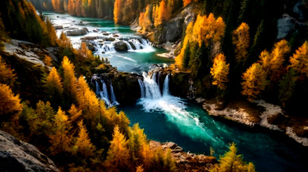 Beautiful view of the waterfall in the autumn forest. Nature background