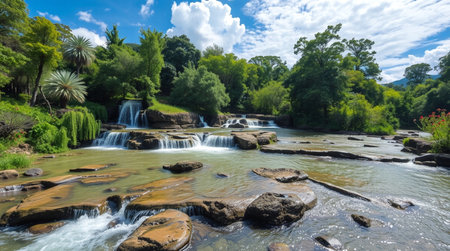 Beautiful waterfall in the forest on a sunny day. Panorama.の写真素材