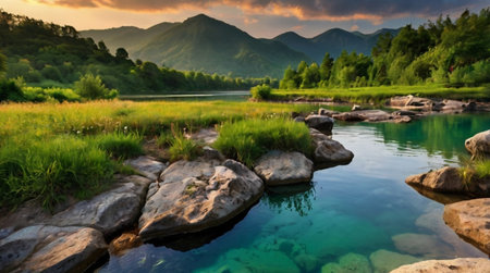 beautiful mountain river landscape at sunset in summer, panoramic viewの写真素材