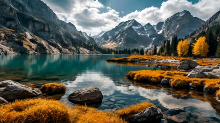 Beautiful autumn alpine lake with reflection of mountains and clouds.の写真素材