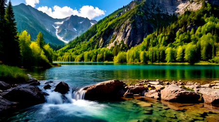 Beautiful mountain lake with crystal clear water and high mountains in backgroundの写真素材