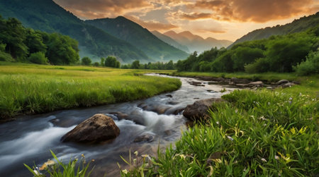 Mountain river at sunset. Beautiful summer landscape with a mountain river.の写真素材