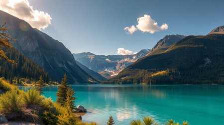 Beautiful view of turquoise lake in Canadian Rockies, Alberta, Canadaの写真素材