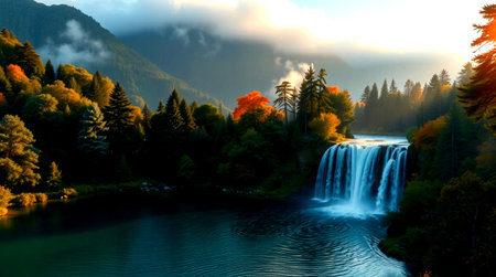 Autumn landscape with a waterfall in the mountains. The concept of active and ecological tourismの写真素材